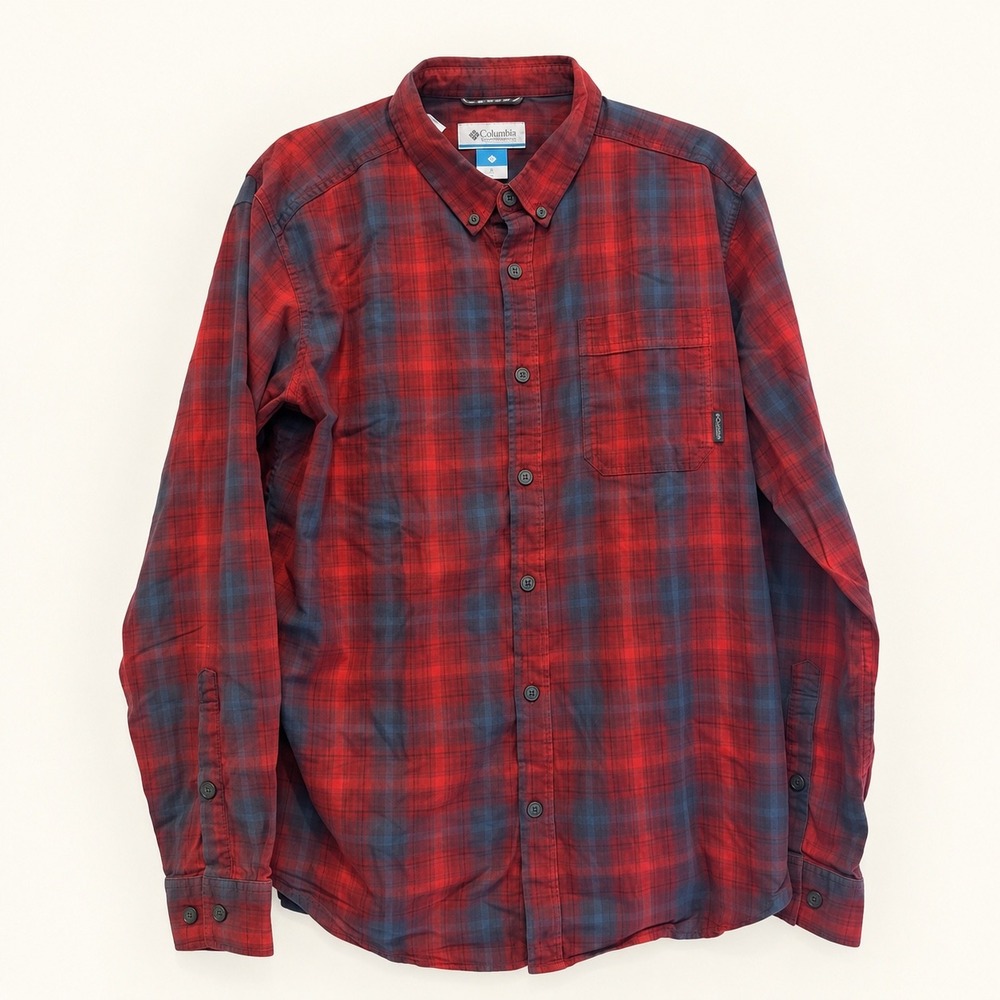 Columbia Mens Red Navy Blue Plaid Cotton Stretch Button Down Shirt Large L